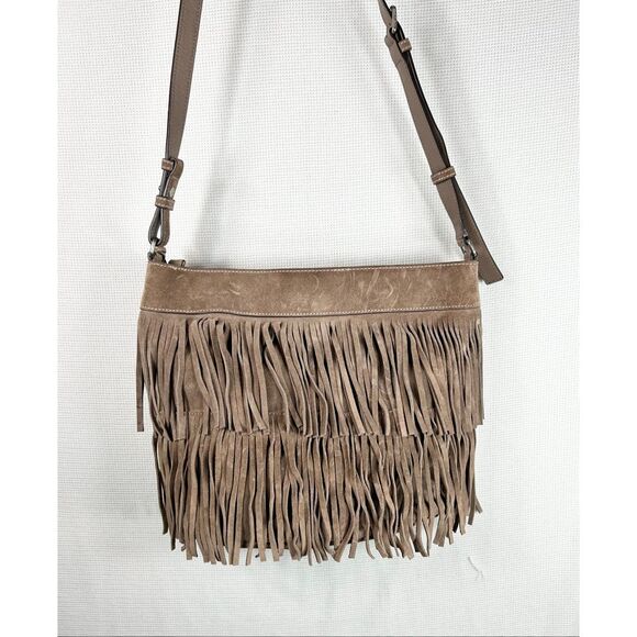 Michael Kors Billy Fringe Boho Crossbody Bag Taupe Suede Studded Western Style - Picture 13 of 16
